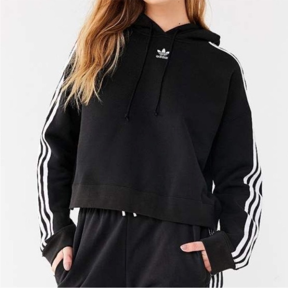 Adidas Cropped 3 Stripe Hoodie Sweatshirt Black White Crop Size Medium